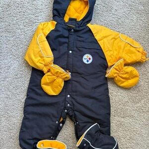 Black and Yellow Hooded Snowsuit with Mittens